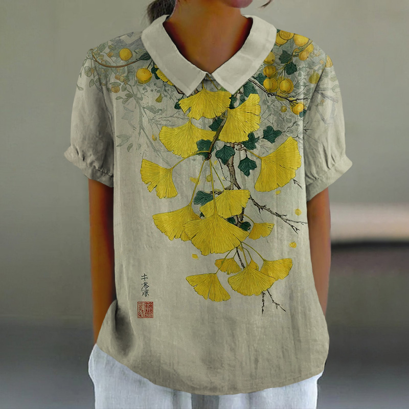 Vintage Ginkgo Leaves And Fruit Print Casual Lapel Loose Blouse - Light Gray - 6XL - image 1