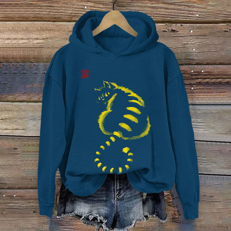 Japanese Abstract Cat Looking Back Print Long Sleeve Hoodie - Blue - US44-46(8XL) - image 2