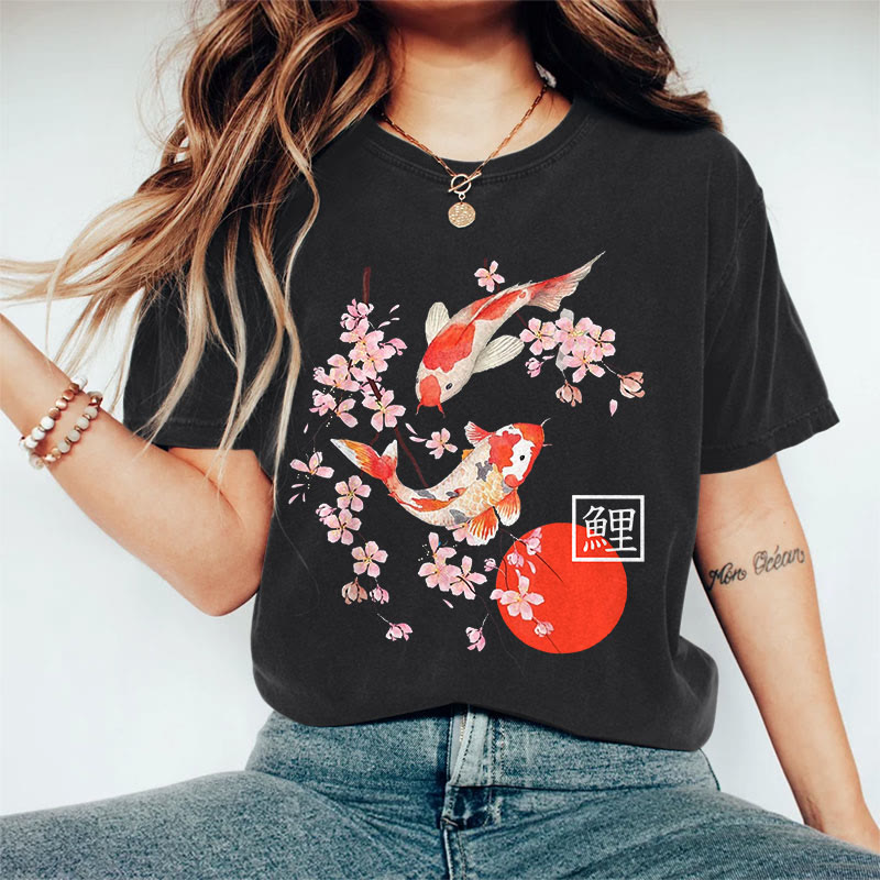 100% Cotton Women's Japanese Sakura Koi Carp Art Print Casual T-shirt - Black - 2XL - image 3