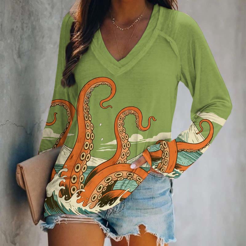 Japanese Cartoon Ocean Octopus Tentacles Art Print Long Sleeve T-shirt - Green - 5XL - image 4