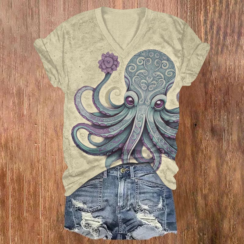 Vintage Cute Octopus Holding Flower Art Print V-neck T-shirt - Beige - US32-34(5XL) - image 4