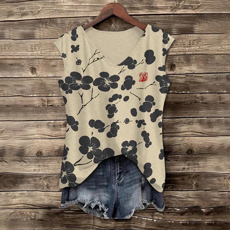 Cherry Blossom Japanese Lino Art Print V-neck Tank Top - Black - 5XL - image 2