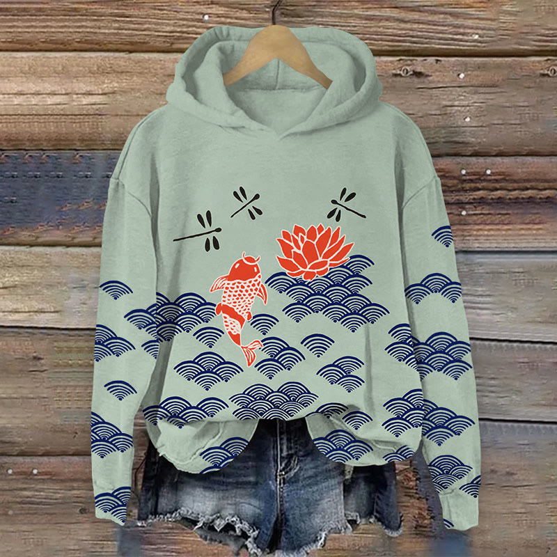 Japanese Style Koi Fish Dragonfly Wave Art Print Casual Long Sleeve Hoodie - Green - 8XL - image 6