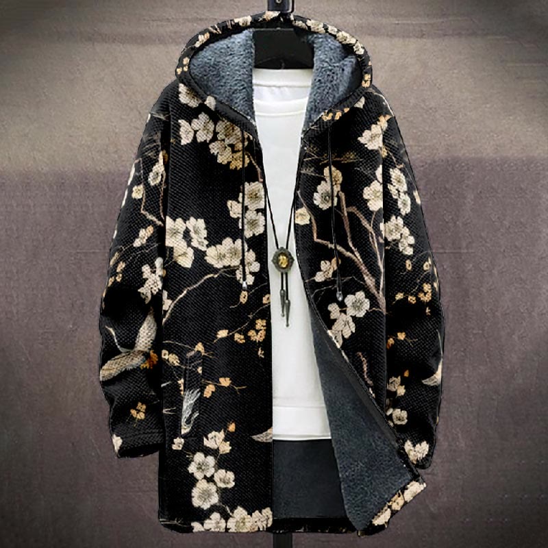 Retro Cherry Blossom Elegance Print Unisex Plush Thick Long-sleeved Fleece Jacket Coat - image 2