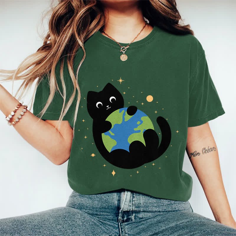 100% Cotton Funny Cat Holding The Earth Art Print T-shirt - Dark Green - 2XL - image 11