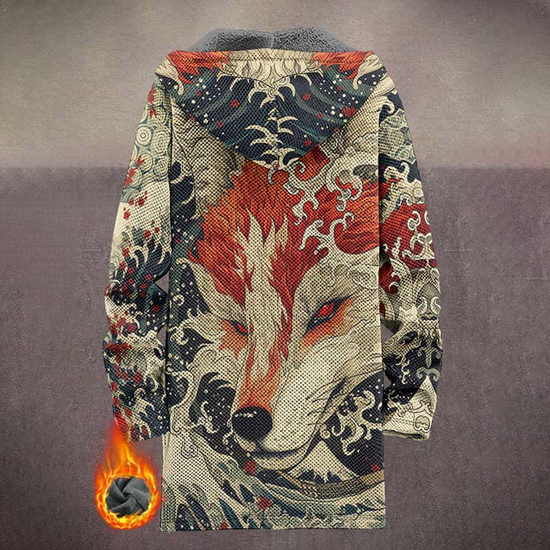 Japanese Abstract Wave And Wolf Pattern Print Unisex Plush Thick Long-sleeved Fleece Jacket Coat - image 3