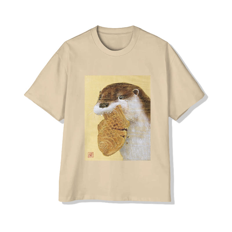 Unisex Otter And Pastry Art  Print Short Sleeved Crew Neck T-Shirt - Apricot - 2XL - image 4