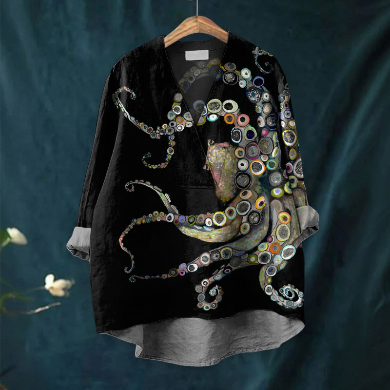 Colorful Octopus Oil Painting Print Casual V-neck Blouse - image 8