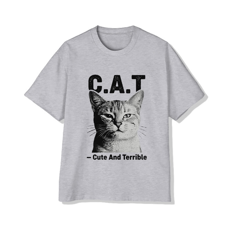 Unisex C.A.T Cute And Terrible Print Short Sleeved Crew Neck T-shirt - Grey - 2XL - image 4
