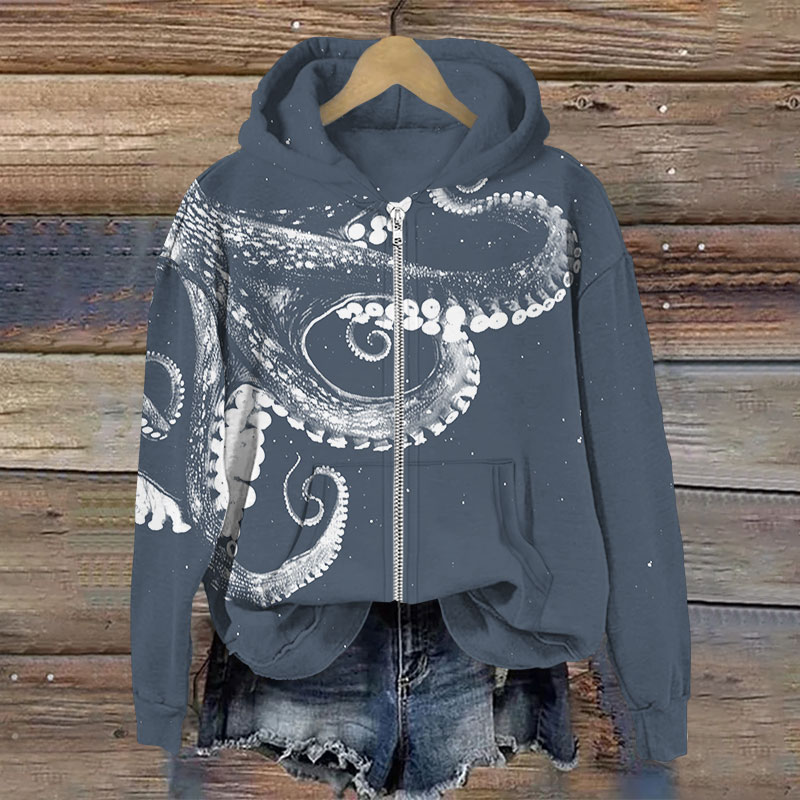 Three-dimensional Creative Octopus Print Long Sleeve Zipper Hoodie - Grey - US28-30(4XL) - image 6