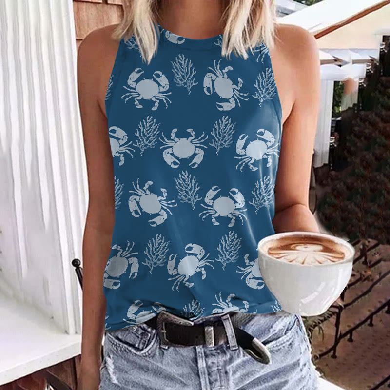 Lovely Crab & Sea Weed Art Print Crew Neck Tank Top - Blue - 5XL - image 3