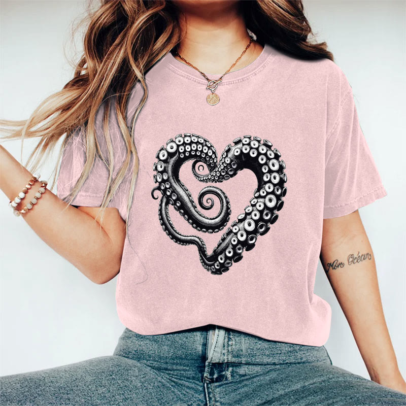 100% Cotton Valentine's Day Abstract Octopus Love Heart T-shirt - Pink - 2XL - image 2