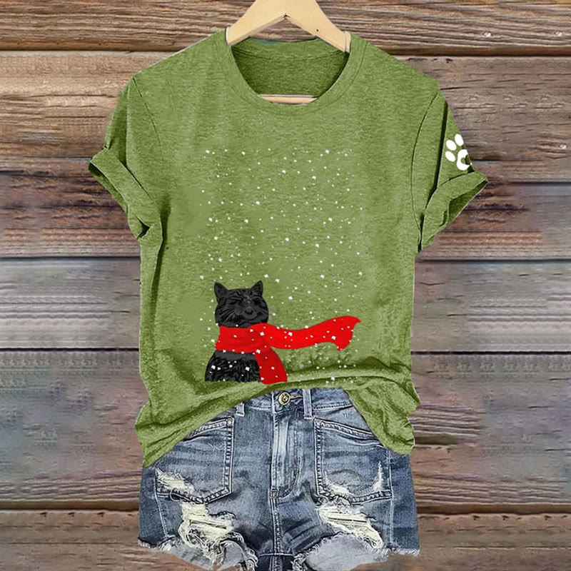 Women's Christmas Cute Kitten Print Round Neck T-shirt - Green - 8XL - image 2