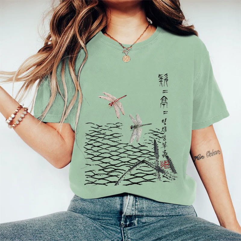 100% Cotton Women's Japanese Ink Painting Dragonfly Art Print Casual T-shirt - Light Green - 2XL - image 6