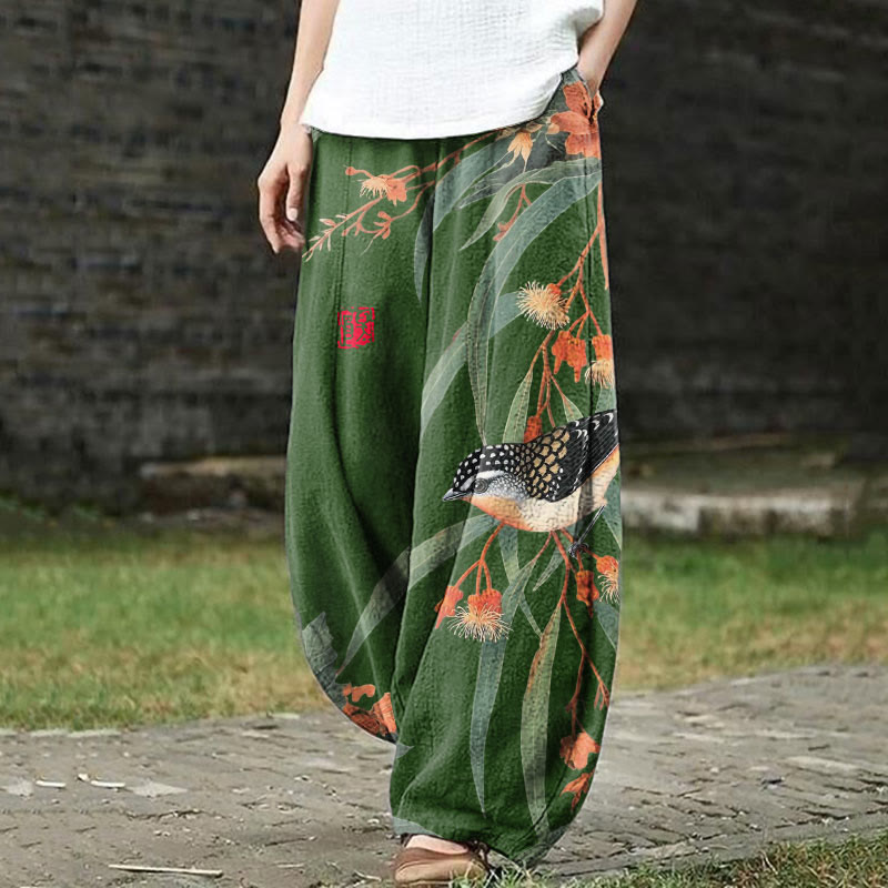 Japanese Vintage Little Bird Pattern Print Casual Bloomers Pants - Green - US18(5XL) - image 6