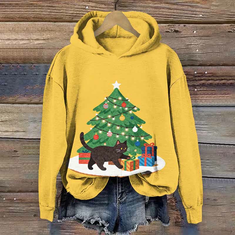 Christmas Tree Gifts & Black Cat Art Print Long Sleeve Hoodie - Yellow - US44-46(8XL) - image 6
