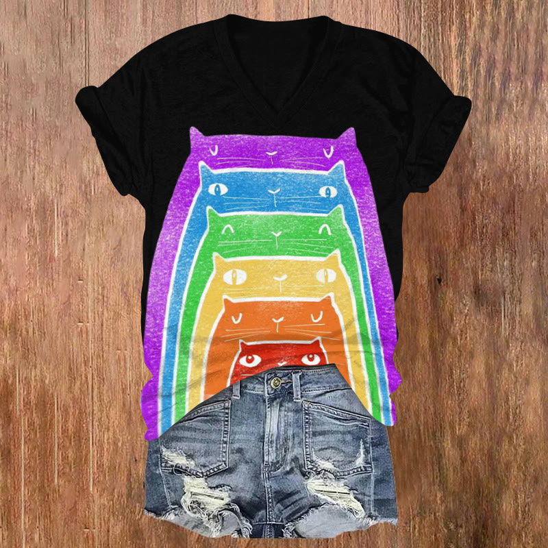 Cascading Rainbow Cats Print V-neck Short Sleeve T-shirt - Black - US32-34(5XL) - image 2