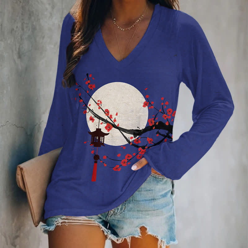 Japanese Sun & Lantern On Plum Blossom Art Print Long Sleeve T-shirt - Blue - 5XL - image 2
