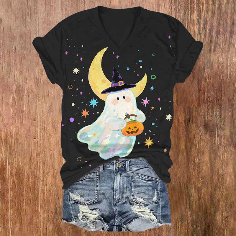 Halloween Watercolor Cute Ghost Holding Pumpkin Art Print V-neck T-shirt - Black - US32-34(5XL) - image 4