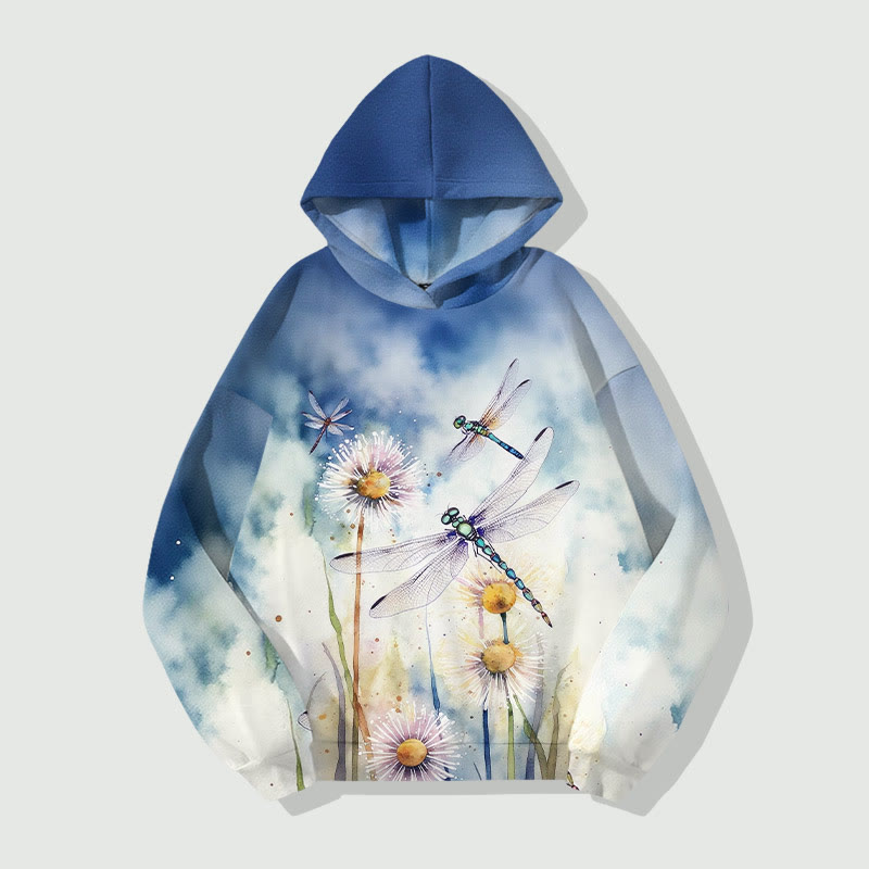 Ombre Watercolor Dandelion & Dragonfly Art Print Long Sleeve Hoodie - Blue - US44-46(8XL) - image 3