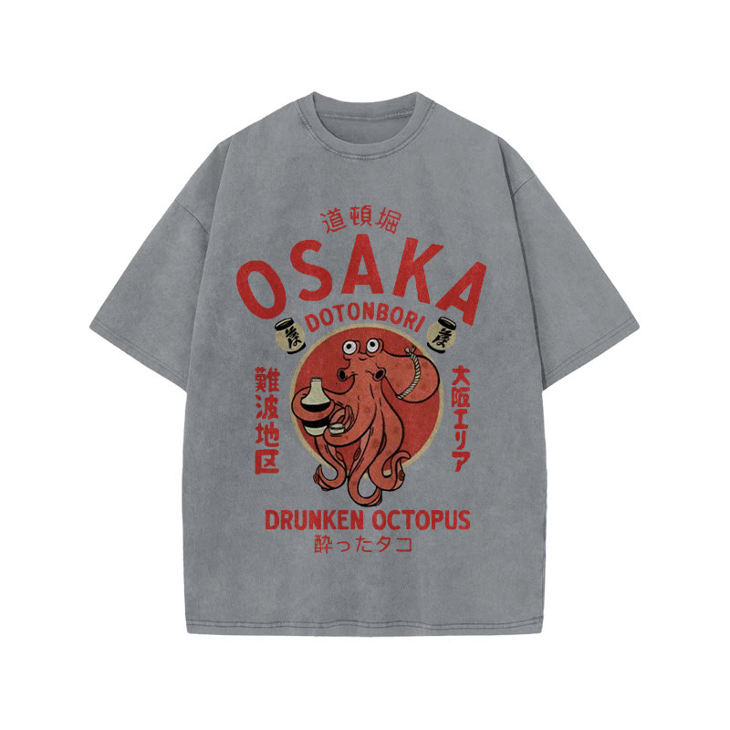 Unisex 100% Cotton OSAKA Dotonbori Octopus Vintage Print Acid Washed T-shirt - Grey - 3XL - image 3