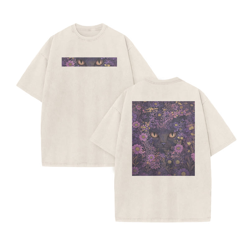 A Black Cat In A Field Of Purple Flowers Print Acid Washed T-shirt - Beige - US20-22(3XL) - image 4