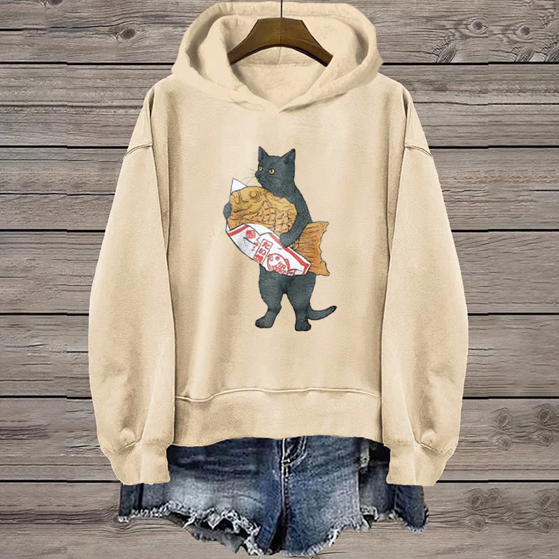 Japanese Style Cat And Fish Print Casual Long Sleeve Hoodie - Apricot - 8XL - image 1