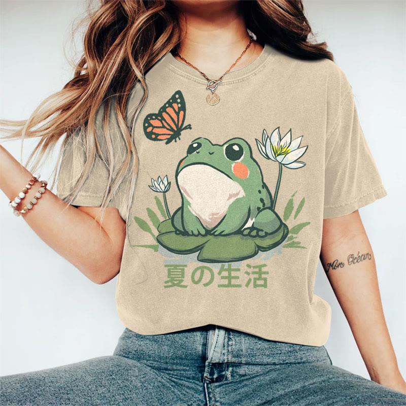 100% Cotton Women's Japanese Summer Life Of Frog Art Print Casual T-shirt - Khaki - 2XL - image 3