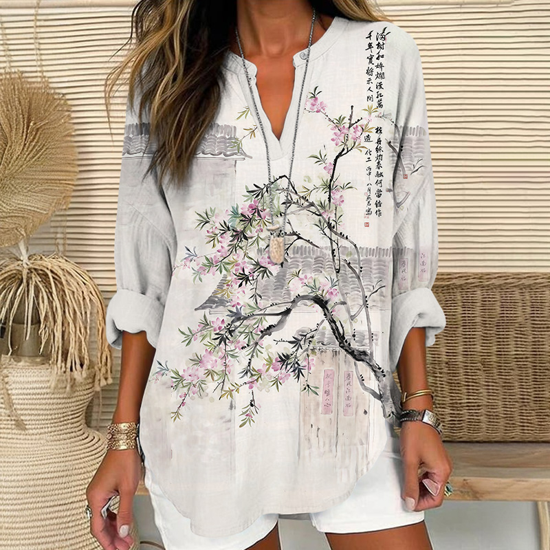 Japanese Ink Watercolor Sakura Tree Art Print V Neck Long Sleeve Blouse - White - 8XL - image 1
