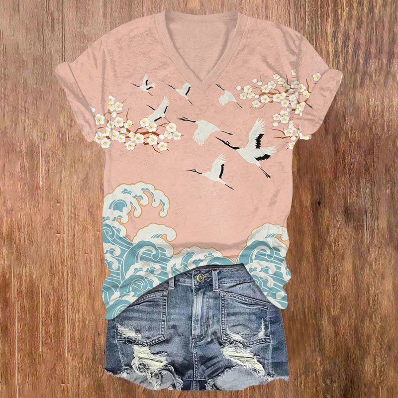 Japanese Wave & Sakura Cranes Art T-shirt - Orange - US32-34(5XL) - image 2