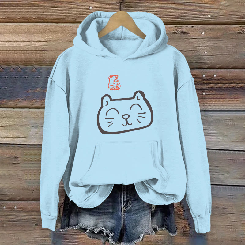 100% Cotton Japanese Cat Print Women's Hoodie - Light Blue - 2XL - image 6