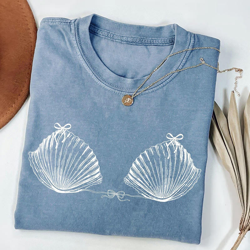 Vintage Seashell Print Casaul T-shirt - Light Blue - US44-46(8XL) - image 3
