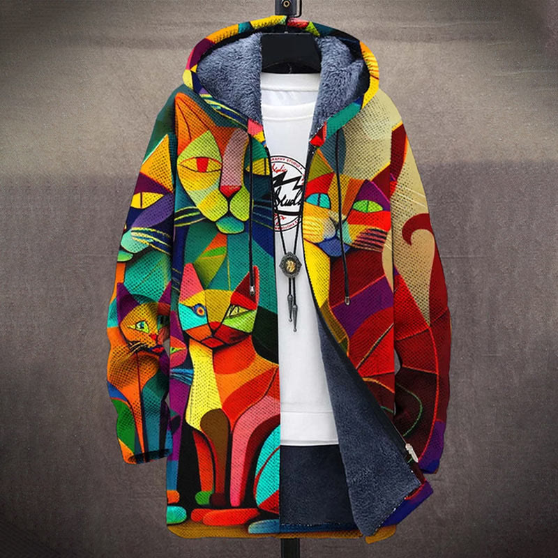 Colorful Color Block Art Cat Art Pattern Print Unisex Plush Thick Long-sleeved Fleece Jacket Coat - image 2