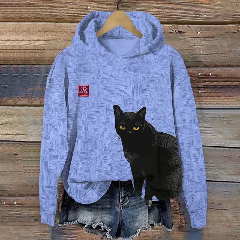 Japanese Style Cat Print Long Sleeve Hoodie - Light Blue - US44-46(8XL) - image 3