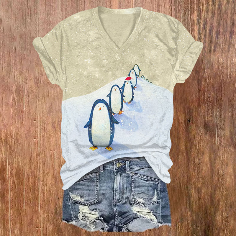 Christmas Adorable Penguins In Line Print V-neck T-shirt - Apricot - US32-34(5XL) - image 2