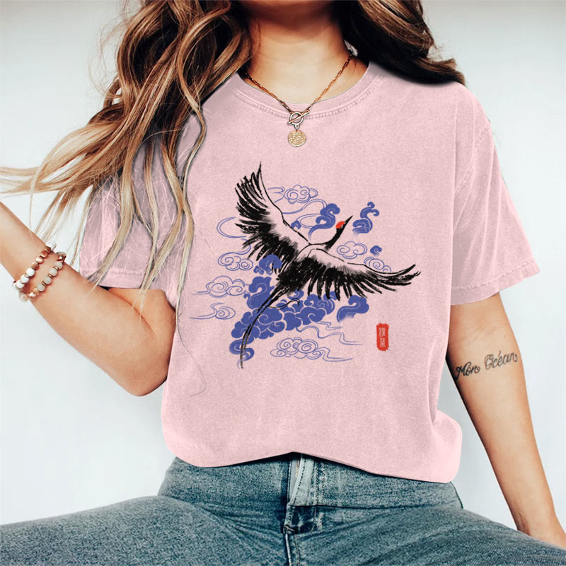 100% Cotton Women's  Japanese Elegant Crane & Cloud Art Print Casual T-shirt - Pink - 2XL - image 3