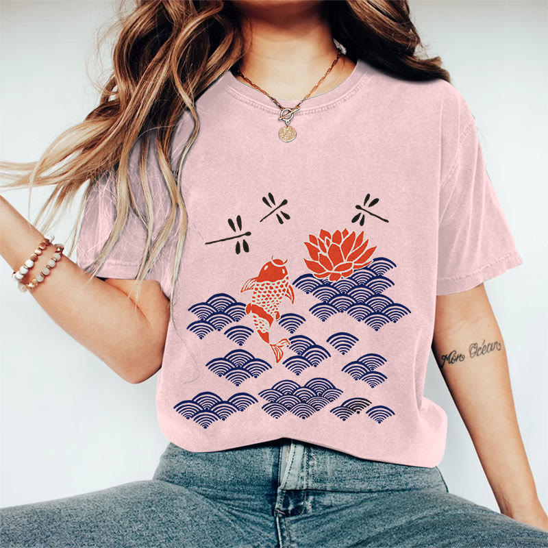 100% Cotton Women's Japanese Style Koi Fish Dragonfly Wave Art Print Casual T-shirt - Pink - 2XL - image 8