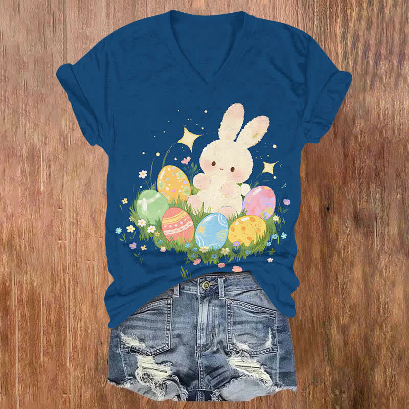 Lovely Bunny & Colorful Easter Egg Print V-neck T-shirt - Blue - US32-34(5XL) - image 7