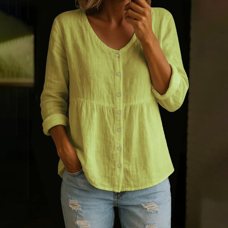 Cozy Solid Button V-neck A-line Long Sleeve Blouse - Lemon Yellow - 4XL - image 12