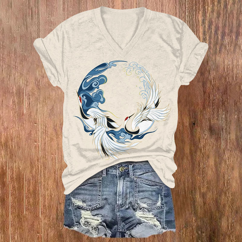 Japanese Creative White Crane Circle Art Print V-neck T-shirt - Apricot - US32-34(5XL) - image 3