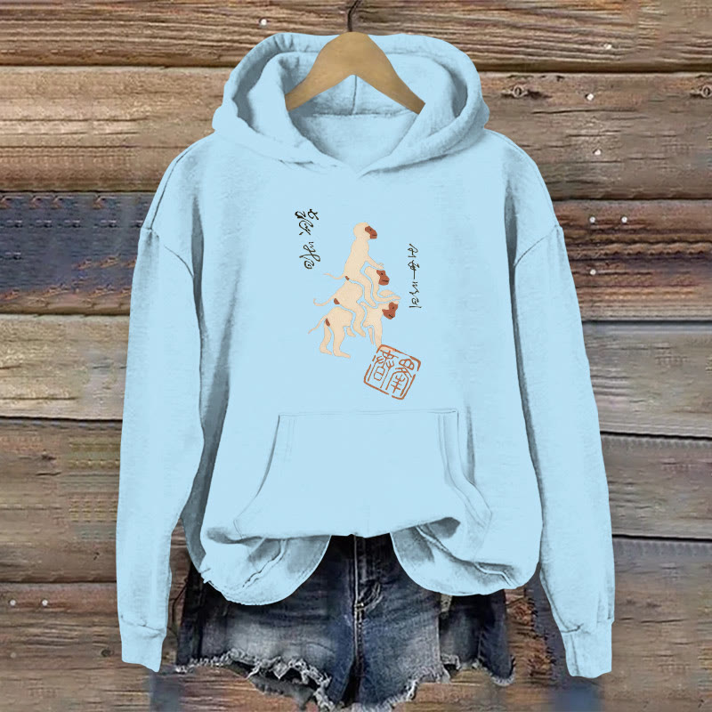 100% Cotton Japanese Art Vintage Monkey Print Women's Hoodie - Light Blue - 2XL - image 5