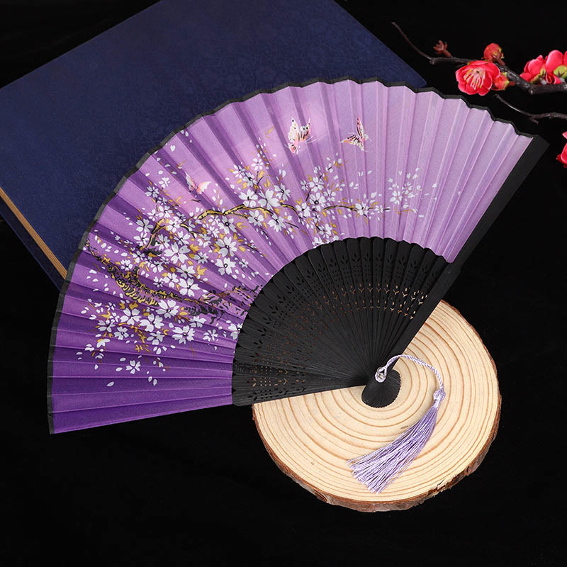 Women Ancient Style Cheongsam Japanese Floral Folding Fan - Purple - image 3