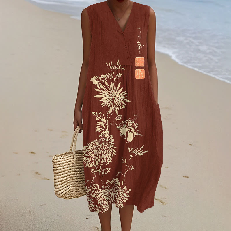 Vintage Chrysanthemum Art Print V-neck Sleeveless Dress - Red - 5XL - image 2