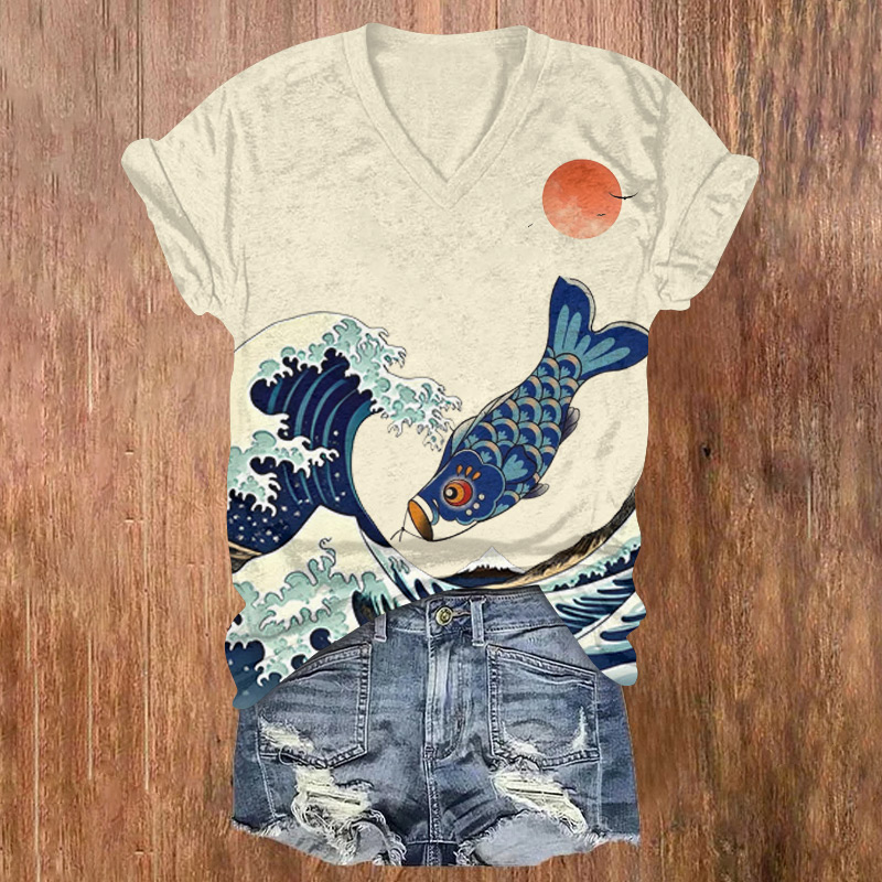 Japanese-style Waves And Fish Printed Short Sleeved V-neck T-shirt - Apricot - US32-34(5XL) - image 1