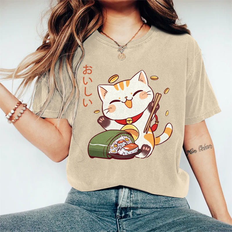 100% Cotton Women's Japanese Lucky Cat Eating Sushi Art Print Casual T-shirt - Khaki - 2XL - image 5