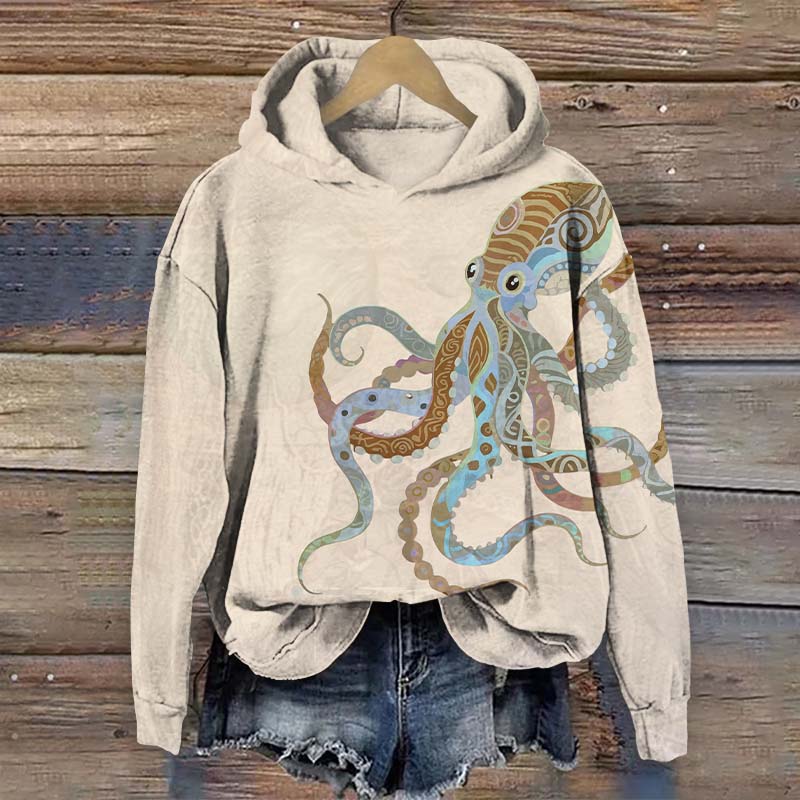 Vintage Ethnic Pattern Octopus Print Long Sleeve Hoodie - Apricot - US44-46(8XL) - image 4
