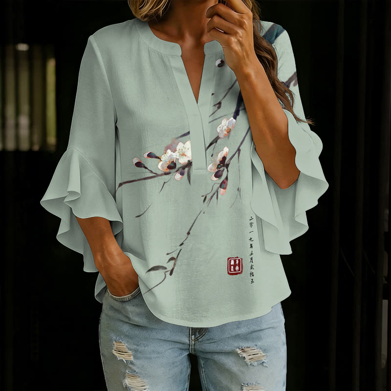 Vintage Plum Blossom Art Print V Neck Half Sleeve Blouse - image 5