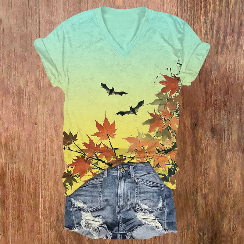 Halloween Vintage Bat Flying Over Maple Tree Print V-neck T-shirt - Green - US32-34(5XL) - image 4