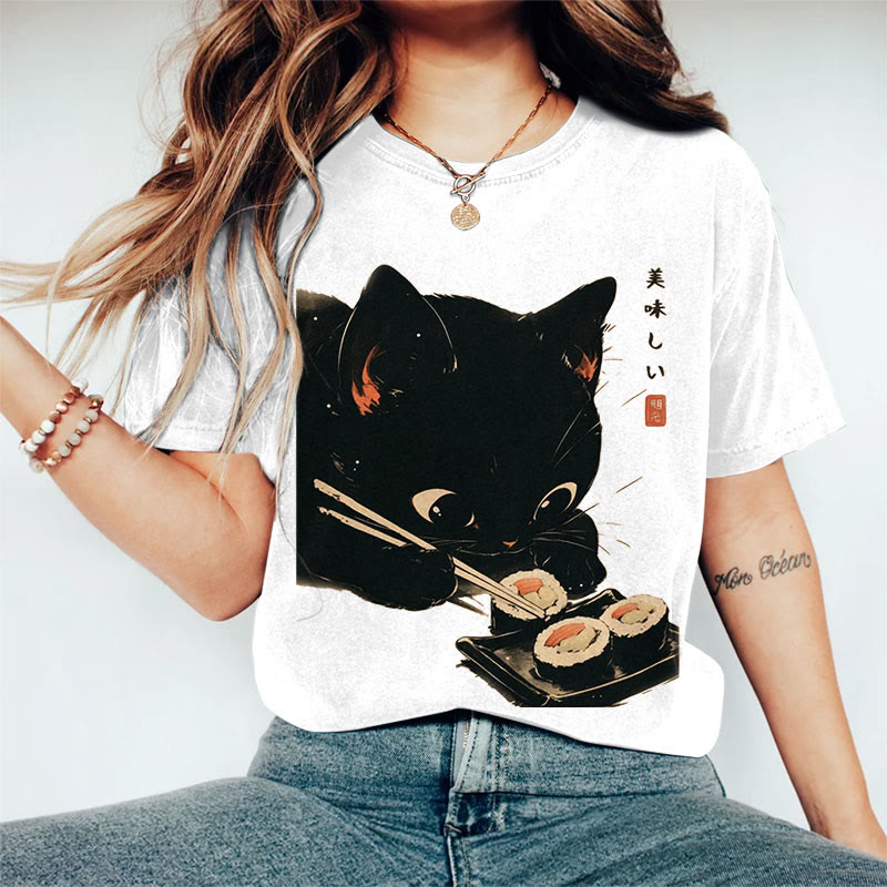 100% Cotton Japanese Black Cat Eating Sushi Art Print Casual T-shirt - White - 2XL - image 3