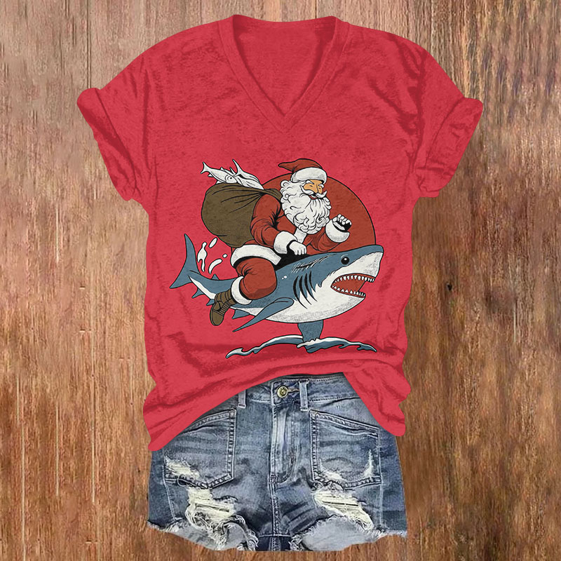 Santa Claus Riding A Shark Christmas Print V-neck T-shirt - Red - US32-34(5XL) - image 2